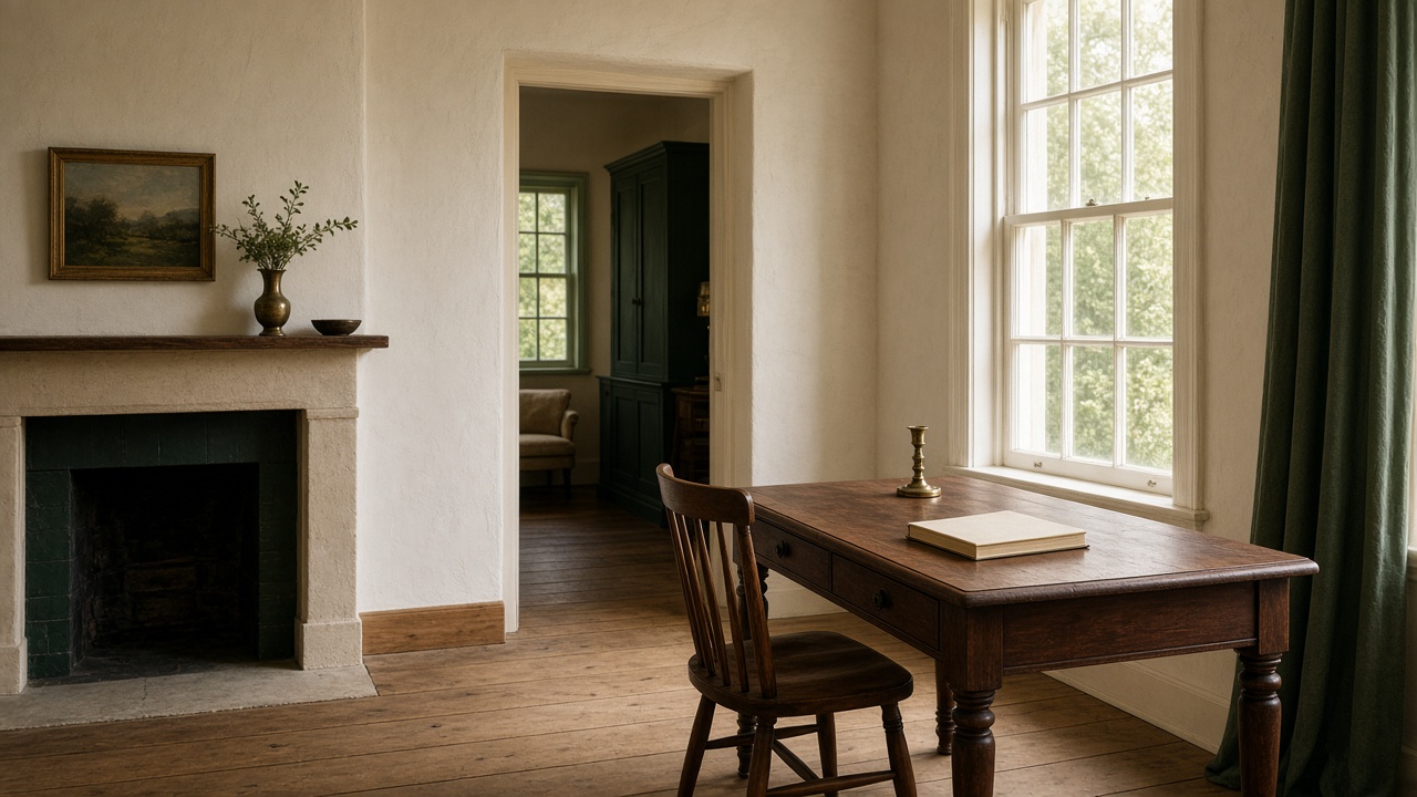 Illustrative historic-house interior with a writing desk and soft daylight.