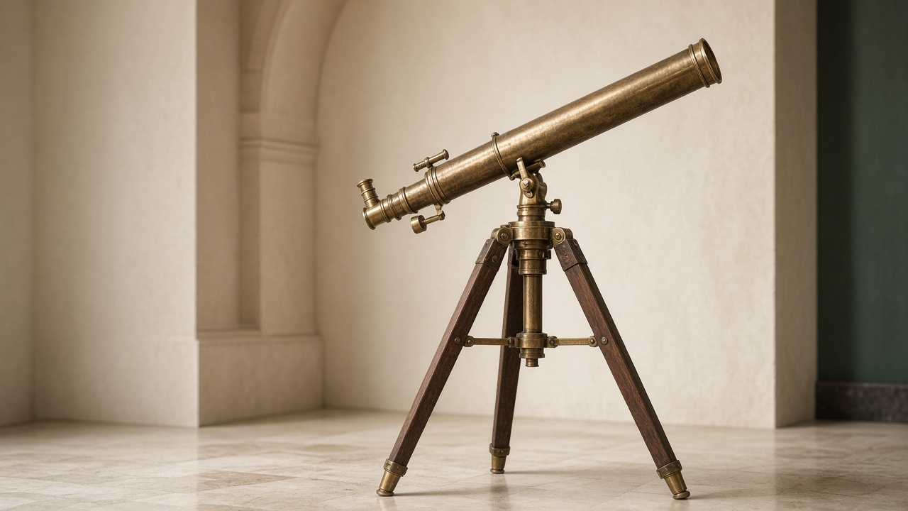 Illustrative antique brass telescope on a wooden tripod in a small gallery.