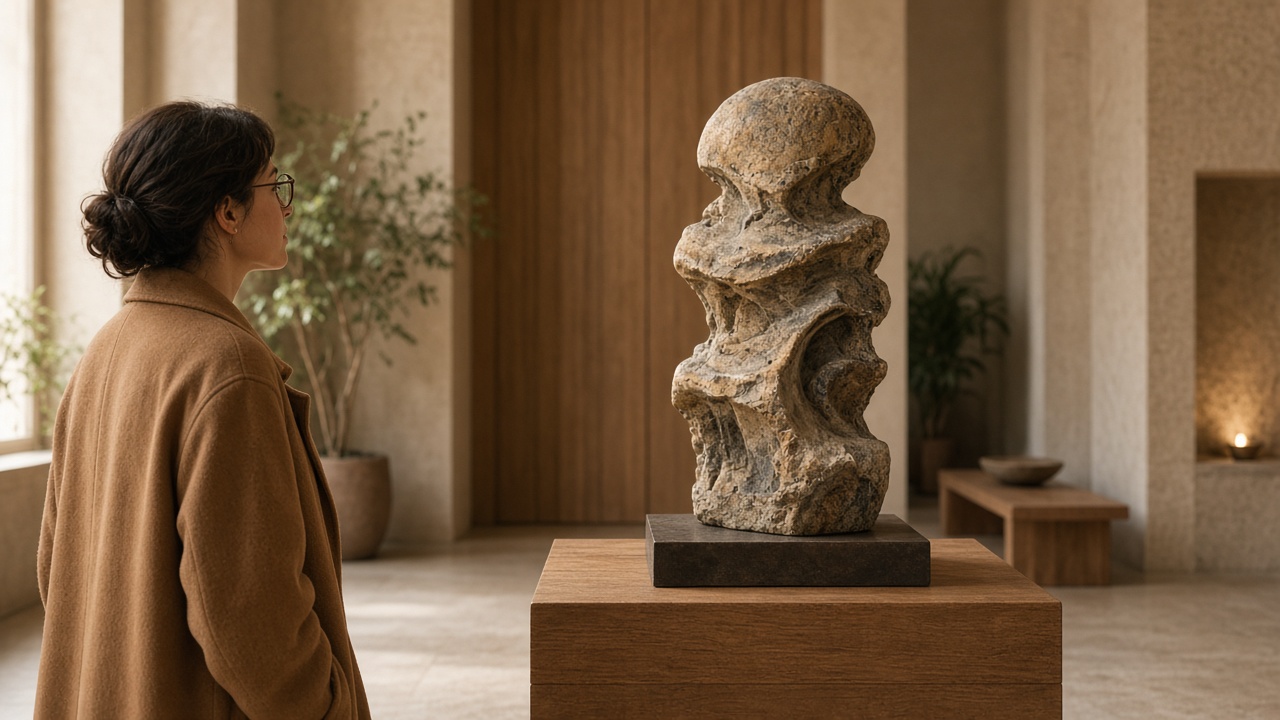 Illustrative visitor viewing a fictional sculptural artefact in a museum gallery.