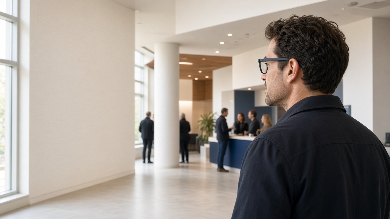 Illustrative visitor wearing ordinary smart glasses in a bright contemporary venue lobby. Fictional scene.
